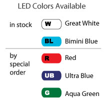 Underwater LED color options, White, Bimini Blue, Red, Ultra Blue and Aqua Green