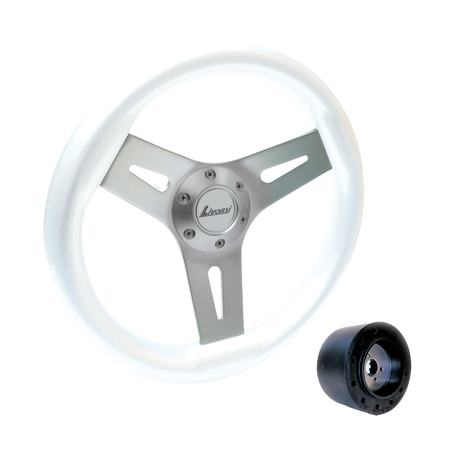 White Livorsi Mega Grip marine steering wheel – MGWALWK Product Image 1