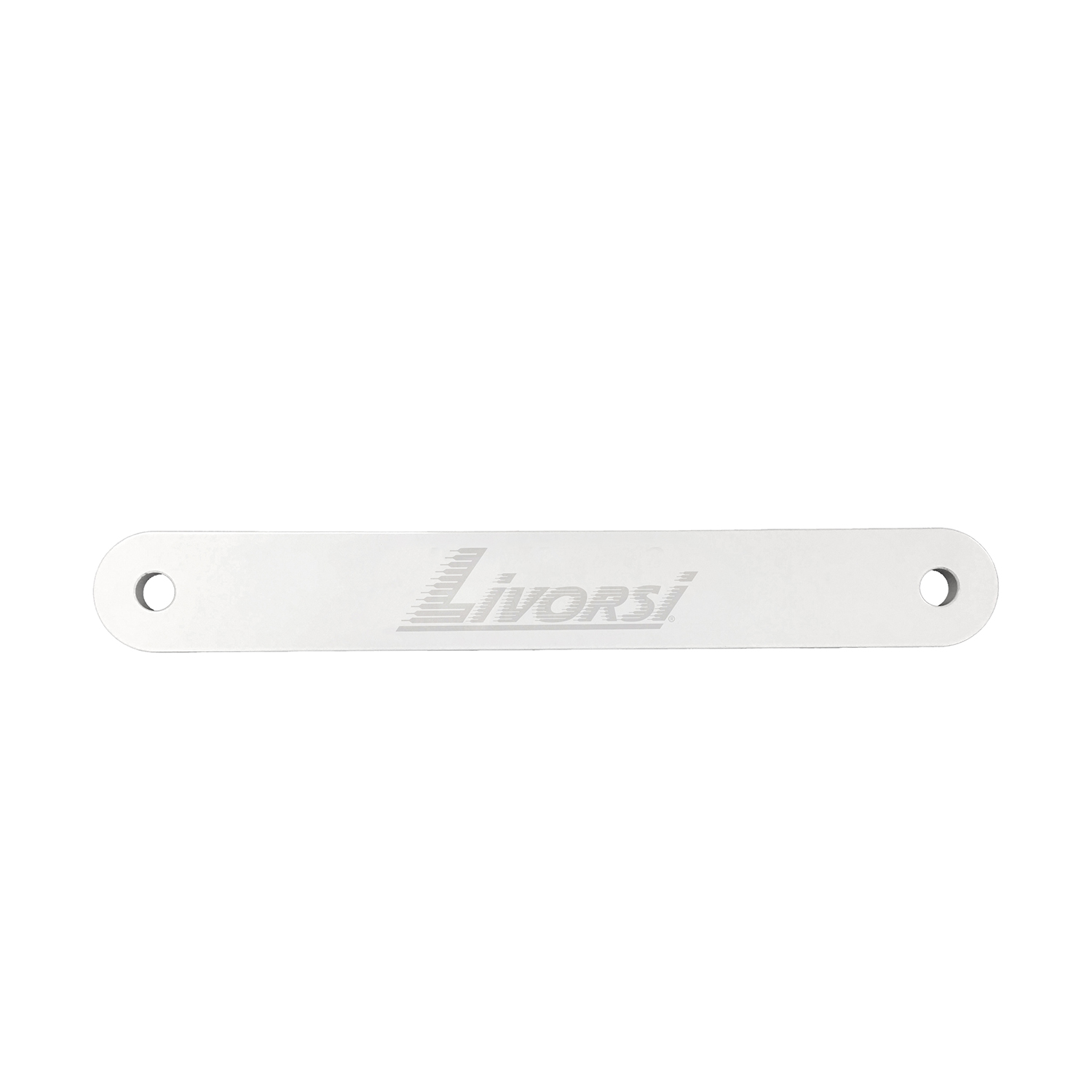 Small plate two hole, clear anodized aluminum, white powdercoat and Livorsi logo – MP-1AL-L01W Product Image 1