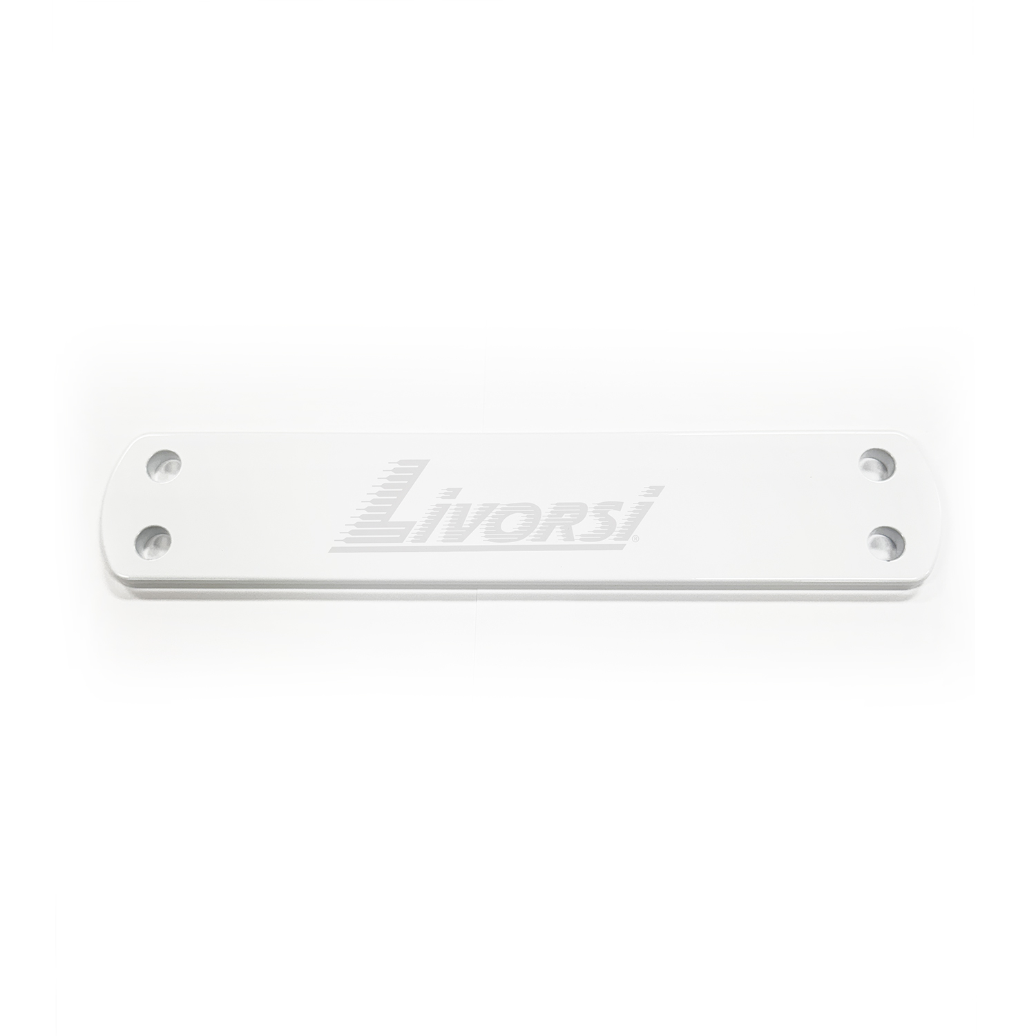 Large plate four hole, clear anodized aluminum, white powder coat and Livorsi logo – MP-2AL-L01W Product Image 1