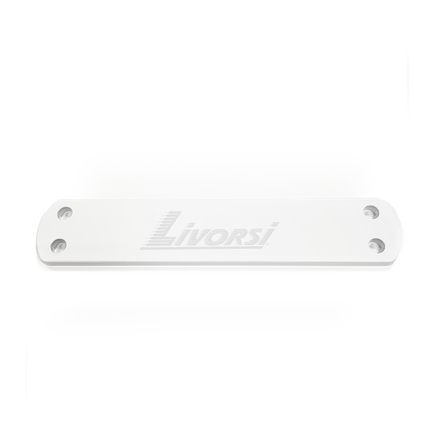 Large plate four hole, clear anodized aluminum, poweder coated white with Livorsi logo 3.13″ wide – MP-3AL-L01W Product Image 1