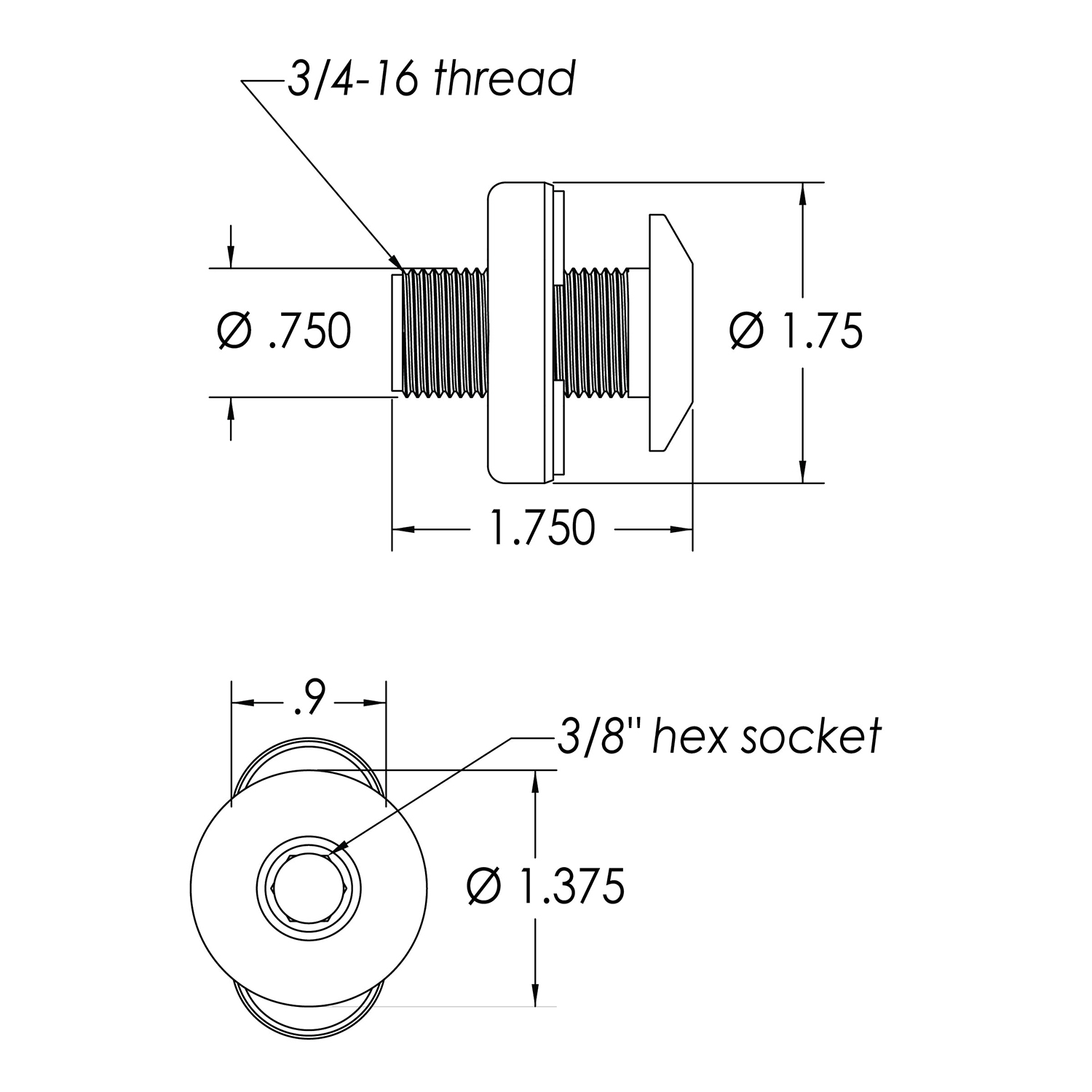 1/2″ Quick Release Fender Base with blind install nut, no door and 1.5″ of threads – QRBSBLH175BN Product Image 2